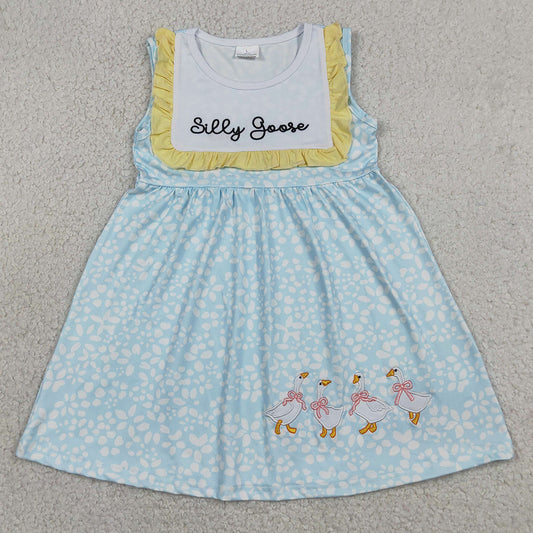 Baby Girls Dress Embroidery Silly Gooses Sleeveless Flowers Knee length Dresses GSD2970