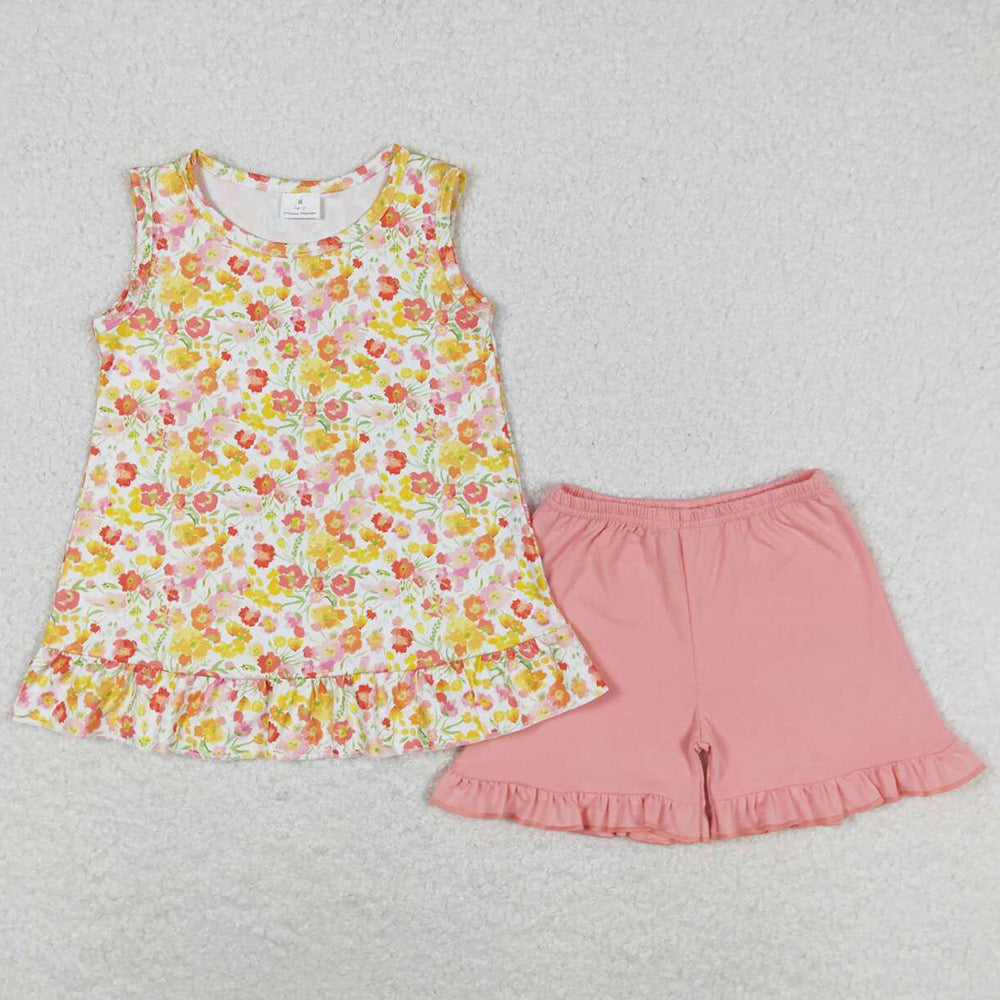 Baby Girls Clothes Orange Flowers Sleeveless Top Ruffle Shorts Sets GSSO1135