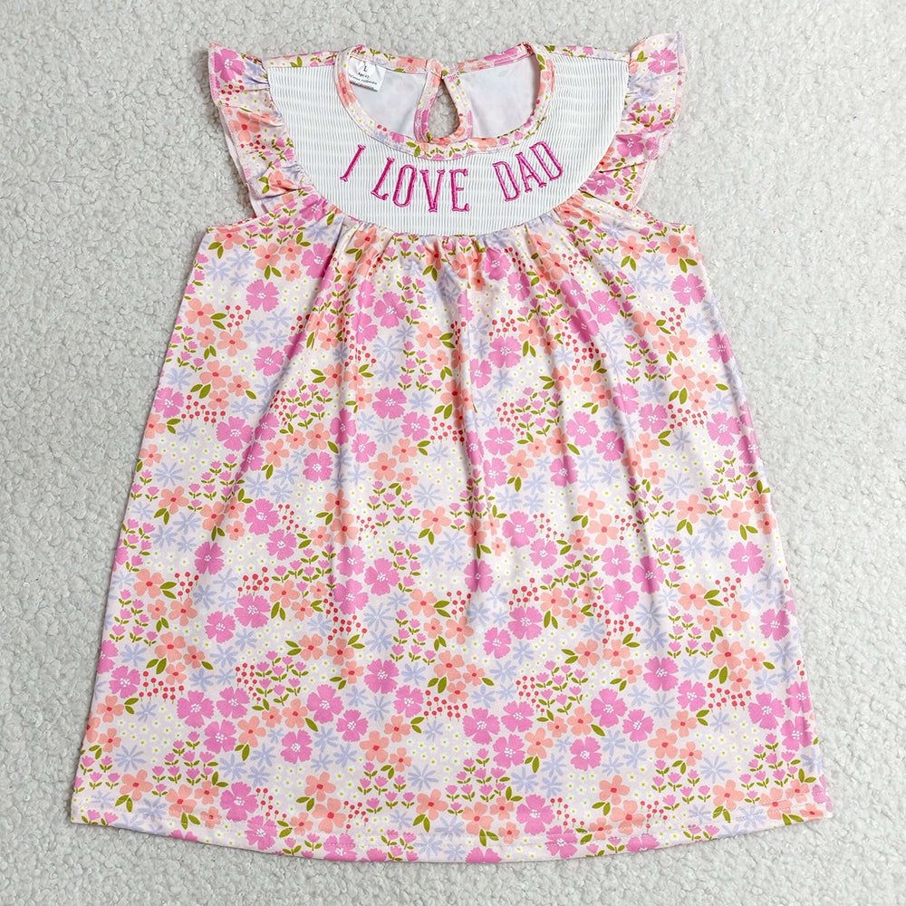Baby Girls Dress Smocked I Love Dad Flutter Sleeve Flowers Knee Length Dresses GSD3986
