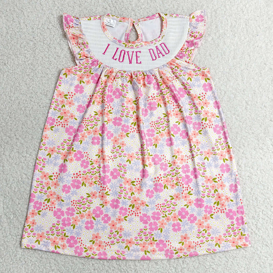 Baby Girls Dress Smocked I Love Dad Flutter Sleeve Flowers Knee Length Dresses GSD3986