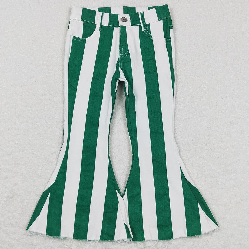 Baby Girls Jeans Pants Green White Stripes Bell Denim Pants P0330