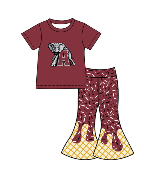 Preorder (moq 5)Baby Girls Red A Elephants Top Drip Sprinkles Bell Bottom Pants Team Clothes Sets 11.27