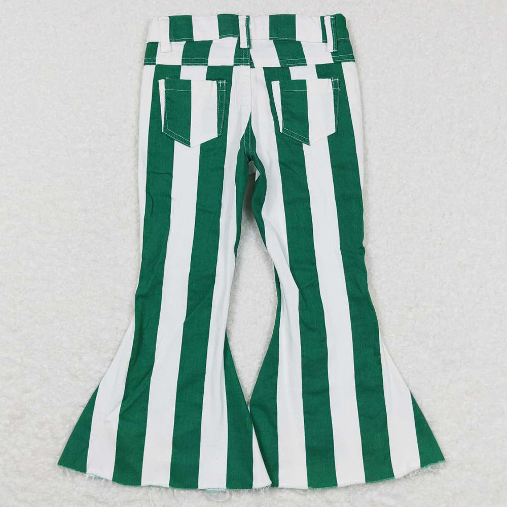 Baby Girls Jeans Pants Green White Stripes Bell Denim Pants P0330