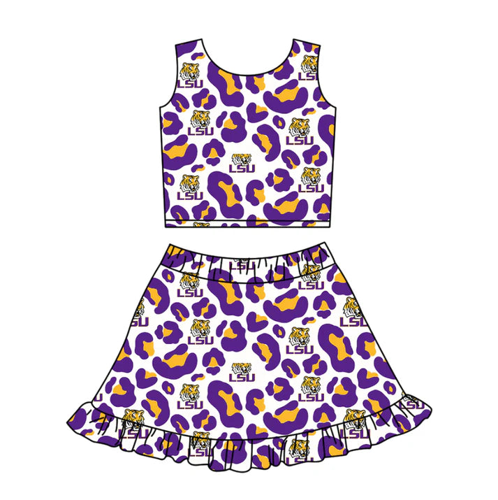 Preorder (moq 5)Baby Girls Purple Leopard LSU Tiger Vests Ruffle Skirt Shorts Team Clothes Set 1.10