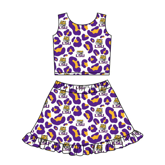Preorder (moq 5)Baby Girls Purple Leopard LSU Tiger Vests Ruffle Skirt Shorts Team Clothes Set 1.10