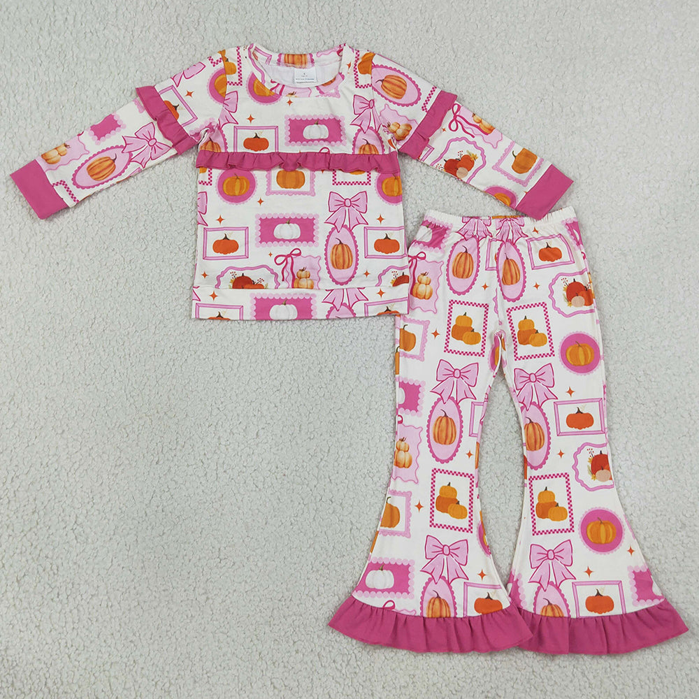 Baby Girls Clothes Bows Pumpkins Checked Top Flare Pant Fall Clothes Sets Preorder GLP3504