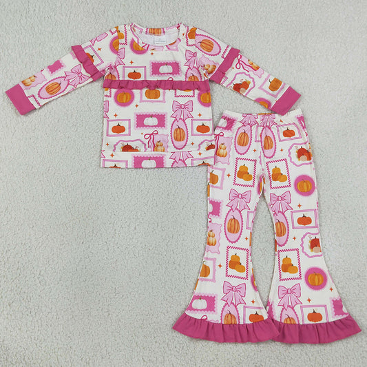 Baby Girls Clothes Bows Pumpkins Checked Top Flare Pant Fall Clothes Sets Preorder GLP3504