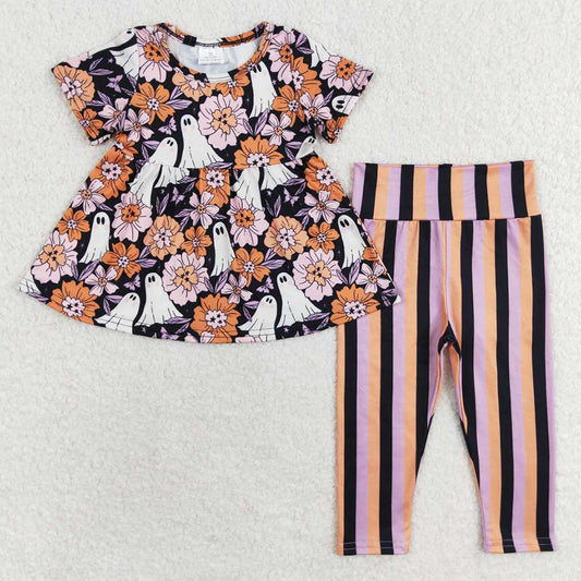 Baby Girls Clothes Halloween Orange Ghost Flowers Tunic Top Legging Sets GSPO1617