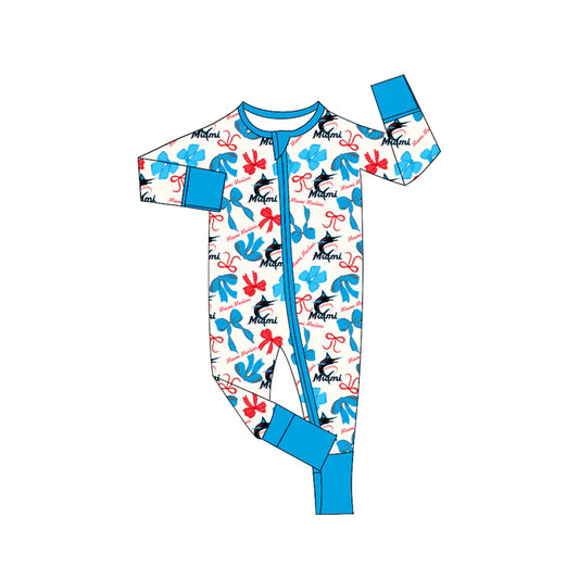 Preorder(moq 5)long sleeves M light blue bows baby team zip romper 8.22