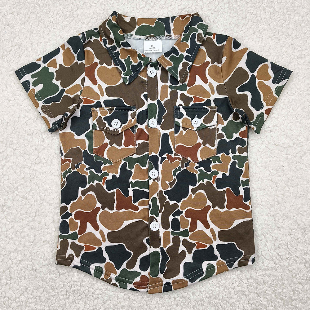 Baby Boys T-shirts Dark Brown Camo Short Sleeves Button Pockets Shirts Tops BT1200 4.9