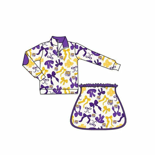 Preorder (moq 5)Baby Girls Purple Yellow Bows Tigers Plaid Zip Pullovers Skort Team Clothes Sets 8.13