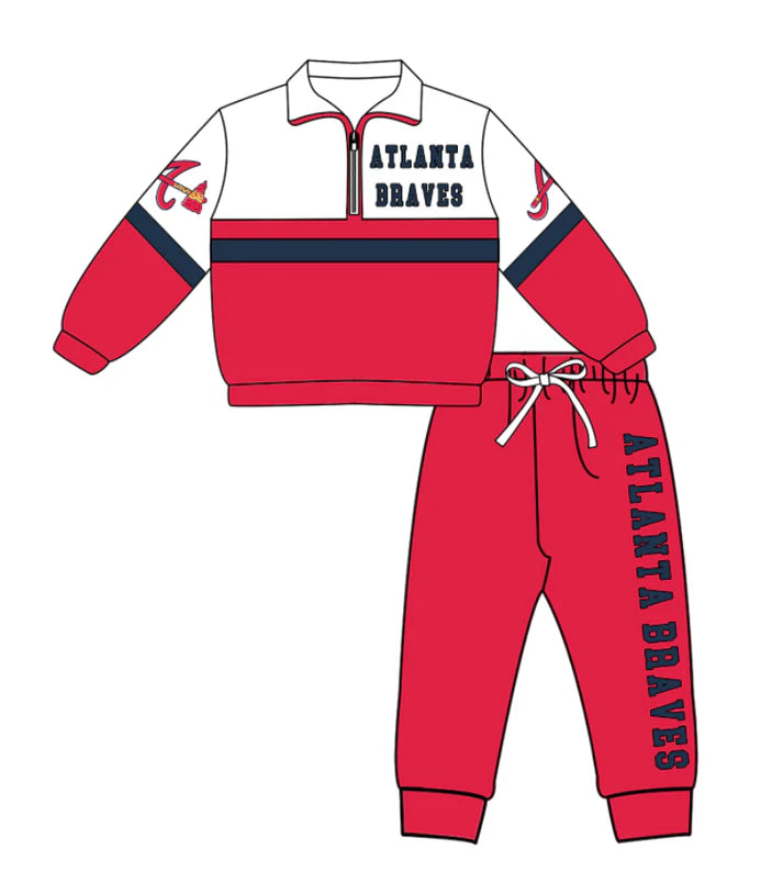 Preorder (moq 5)Baby Boys Atlanta Braves Zipper Pullover Jogger Pants Team Clothes Set 1.6