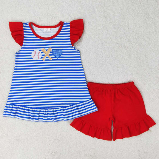 Baby Girls Clothes Blue Stripes Baseball Tunic Top Summer Shorts Sets GSSO1089