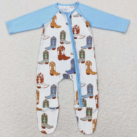 Baby Infant Boys Romper Western Blue Boots Zip Sleepers Rompers LR0853