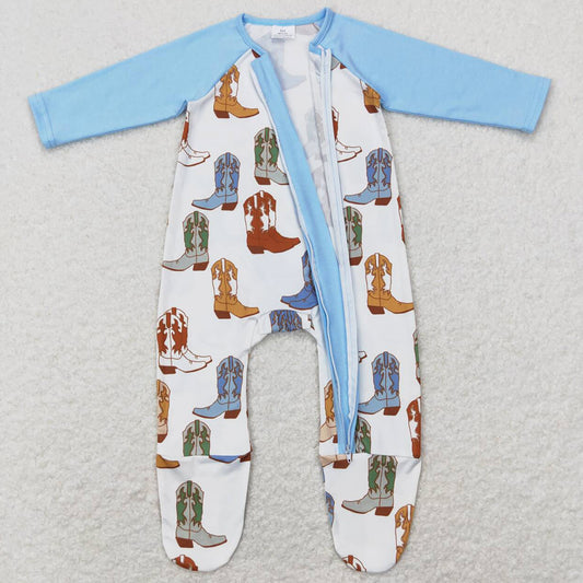 Baby Infant Boys Romper Western Blue Boots Zip Sleepers Rompers LR0853