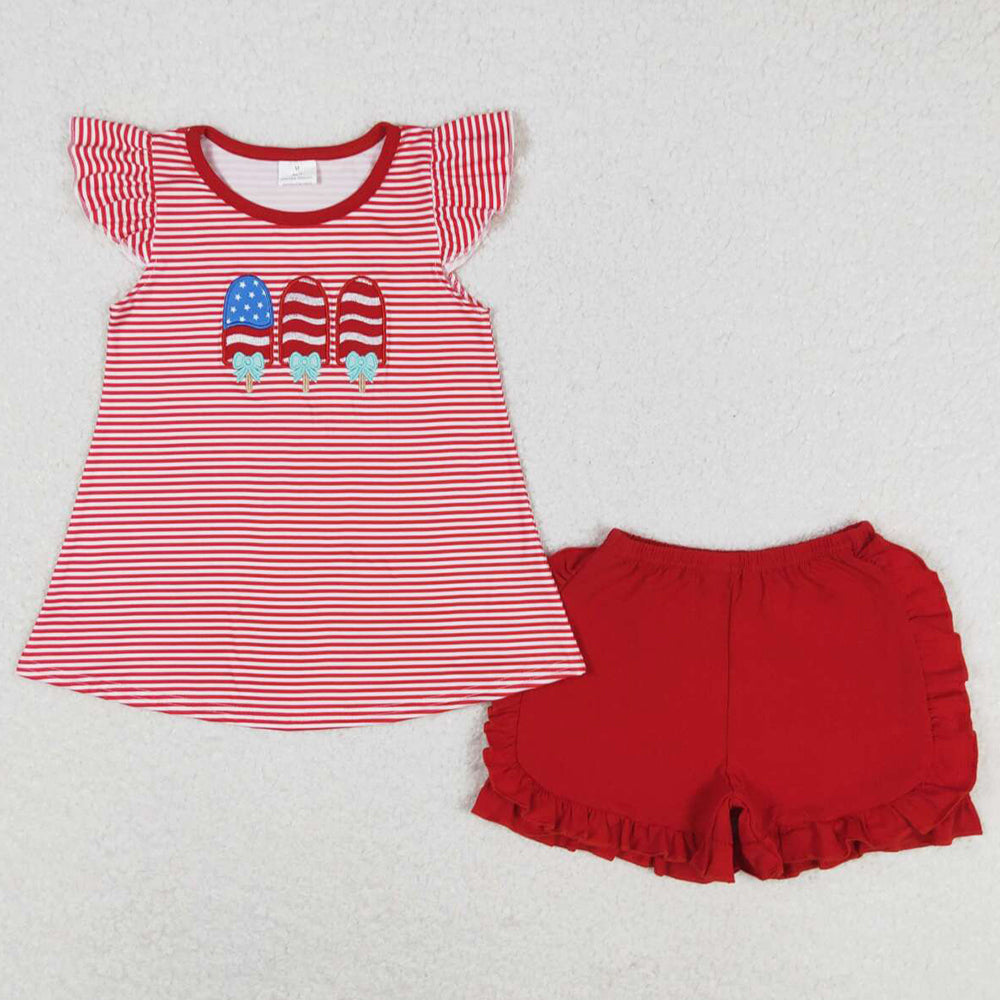 Baby Girls Clothes Red Stripes Popstick Tunic Top Summer Shorts Sets GSSO0759