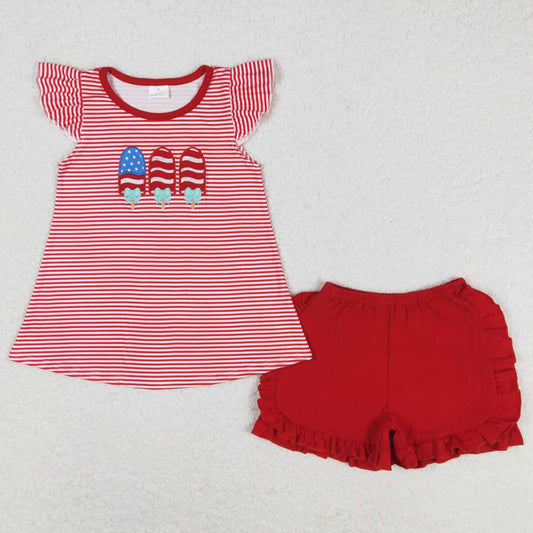 Baby Girls Clothes Red Stripes Popstick Tunic Top Summer Shorts Sets GSSO0759