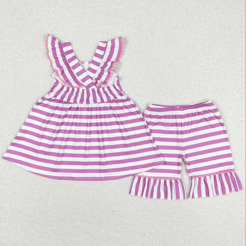 Baby Girls Clothes Purple Stripes Popstick Tunic Top Ruffle Shorts Sets GSSO0734