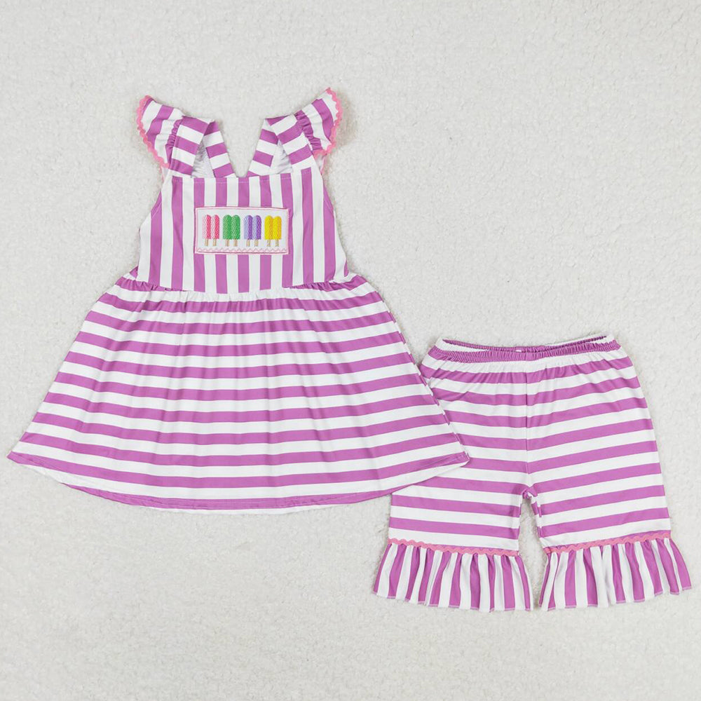 Baby Girls Clothes Purple Stripes Popstick Tunic Top Ruffle Shorts Sets GSSO0734