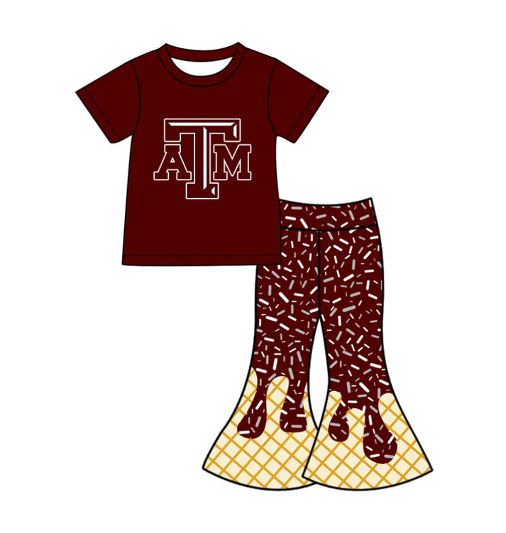 Preorder (moq 5)Baby Girls Dark Red ATM Top Drip Sprinkles Bell Bottom Pants Team Clothes Sets 11.27