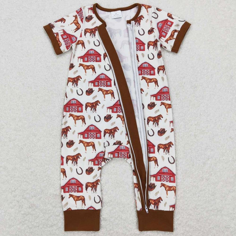 Baby Infant Boys Rompers Short Sleeve Farm Horse Zip Rompers SR0509