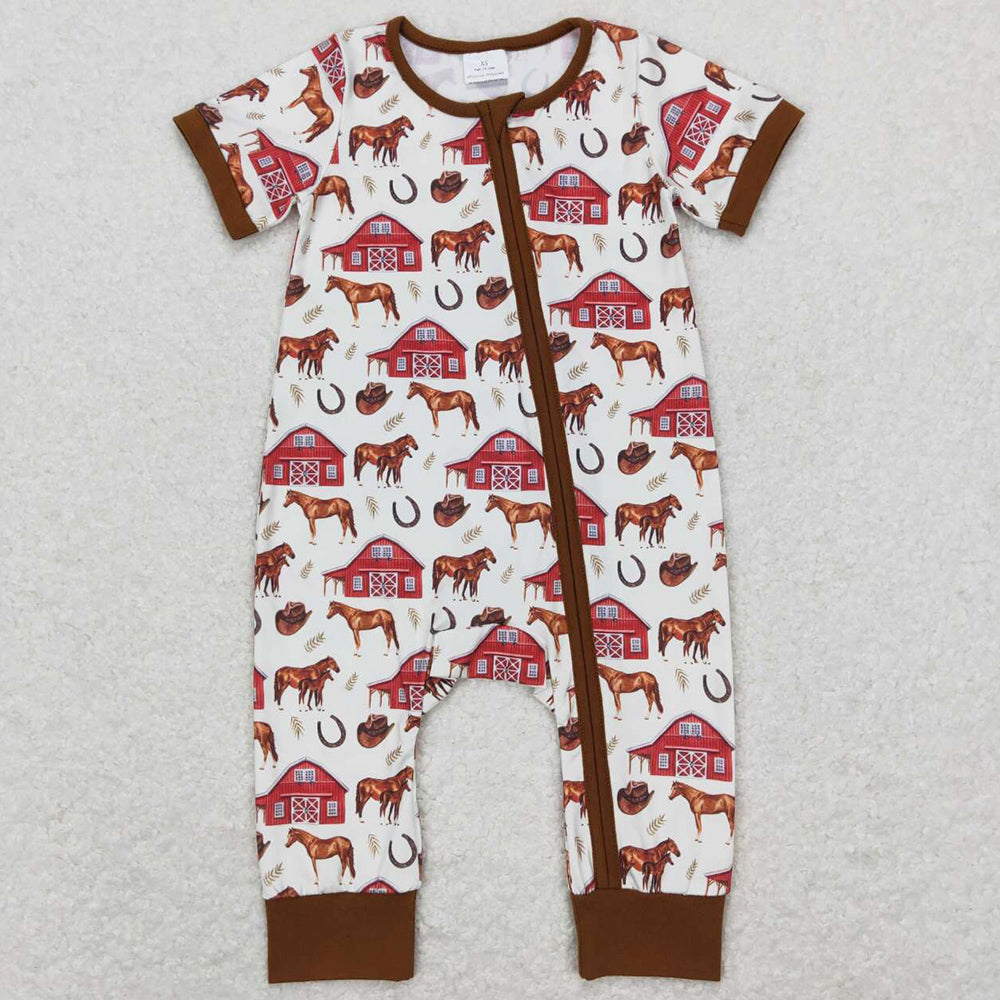 Baby Infant Boys Rompers Short Sleeve Farm Horse Zip Rompers SR0509