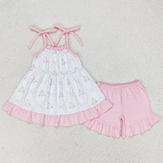 Baby Girls Clothes Pink Small Flowers Straps Tunic Top Ruffle Shorts Sets GSSO0725