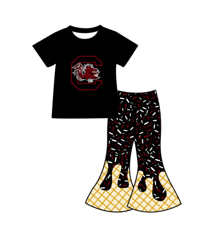 Preorder (moq 5)Baby Girls Black C Bulls Top Drip Sprinkles Bell Bottom Pants Team Clothes Sets 11.27
