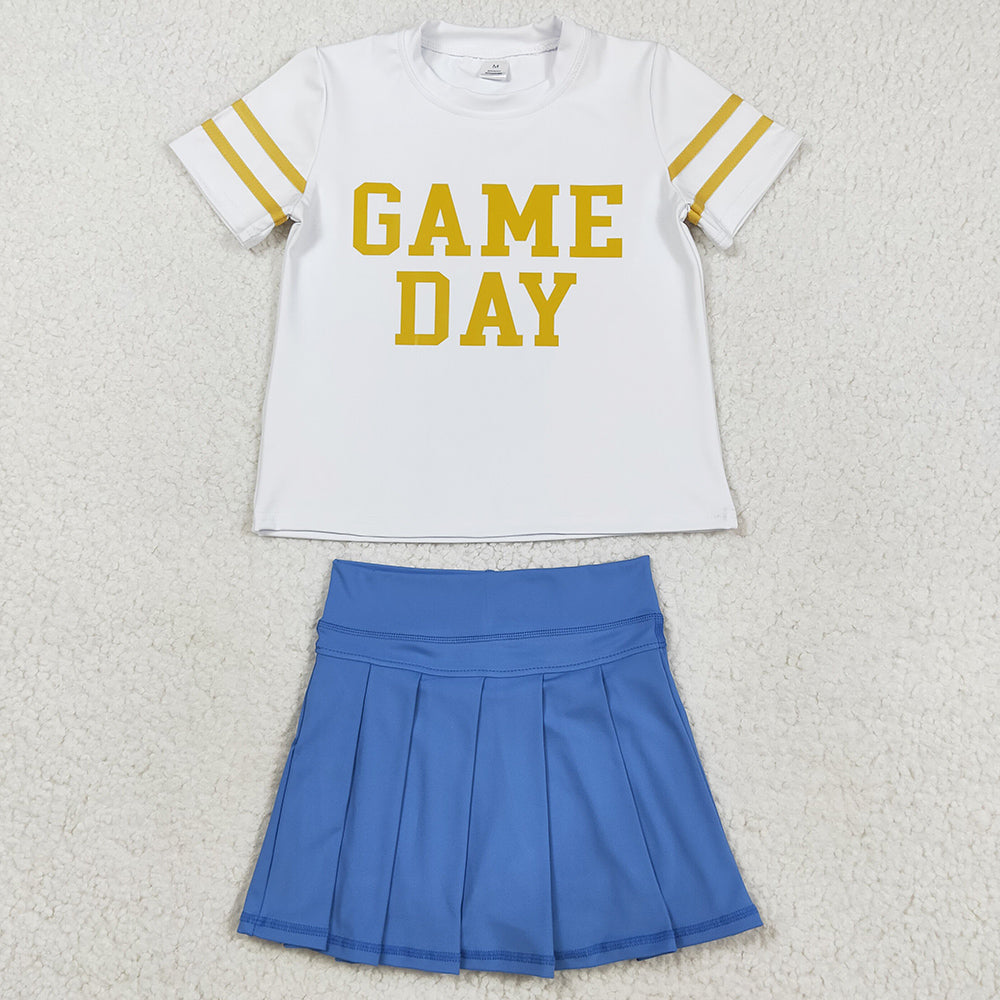 Baby Girls Clothes Vinyl Gold Game Day Top Blue Pleated Skorts Yoga Active Team Set GSD2741 8.16