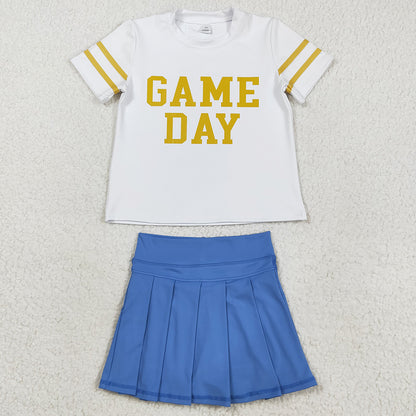Baby Girls Clothes Vinyl Gold Game Day Top Blue Pleated Skorts Yoga Active Team Set GSD2741 8.16