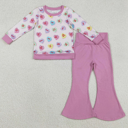 Baby Girls Clothes Pink Stripe Colorful Hearts Top Bell Bottom Pants Valentines Clothes Sets GLP2938 11.21