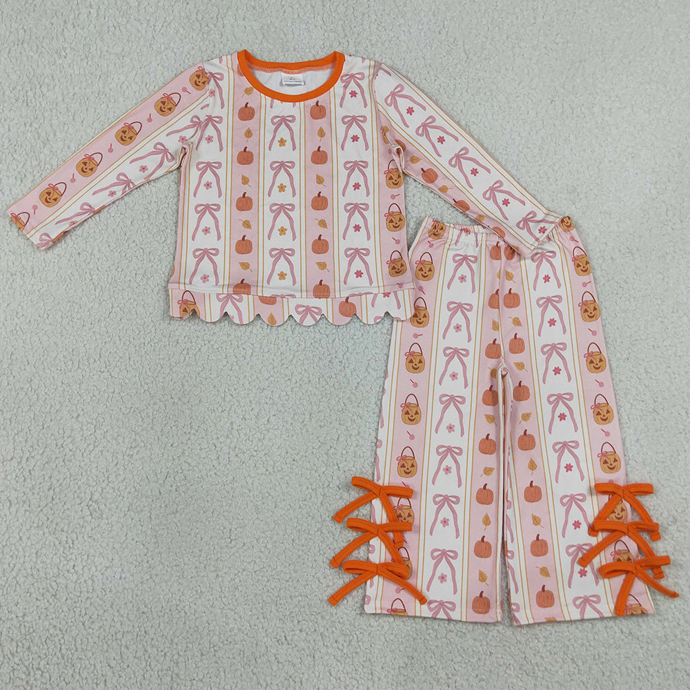 Baby Girls Clothes Bows Pumpkins Stripe Scallop Top Bows Pants Fall Clothes Set GLP3436