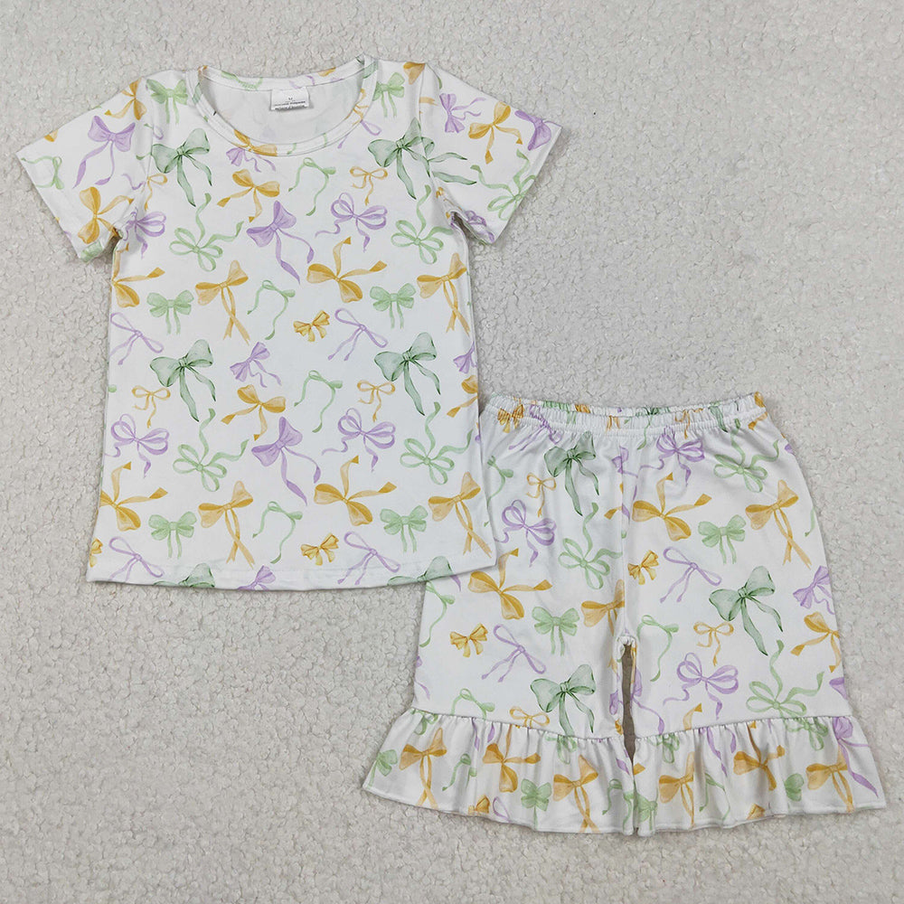 Baby Girls Clothes Mardi Gras Bows Plaid Top Ruffle Shorts Pajamas Sets GSSO2717 11.1
