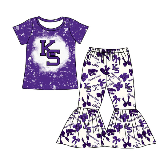 Preorder MOQ 5 bleached purple K S top bow pants girls team clothes 8.25