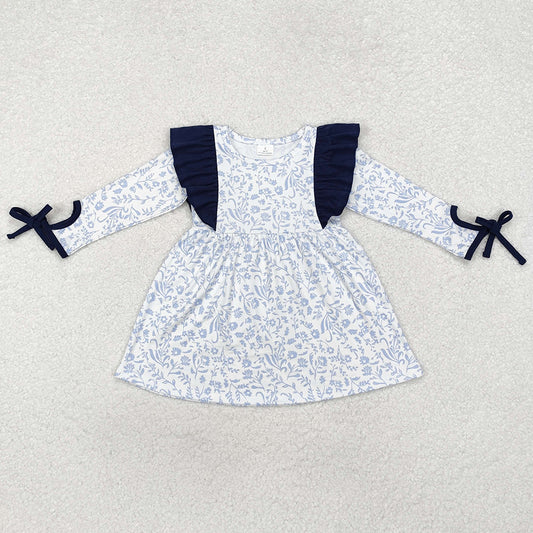 Baby Girls Dress Blue Flowers Ruffle Knee Length Dresses GLD0836