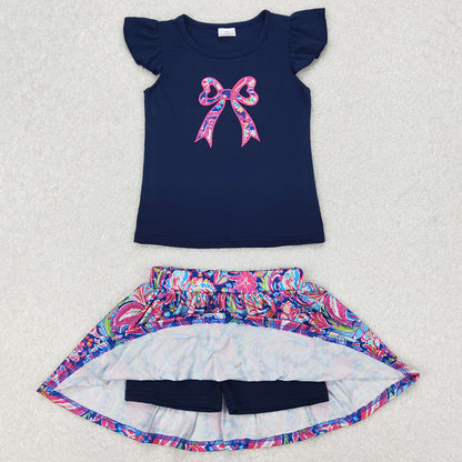 Baby Girls Clothes Navy Bow Embroidery Shirts Shorts Skirt Sets GSD1689