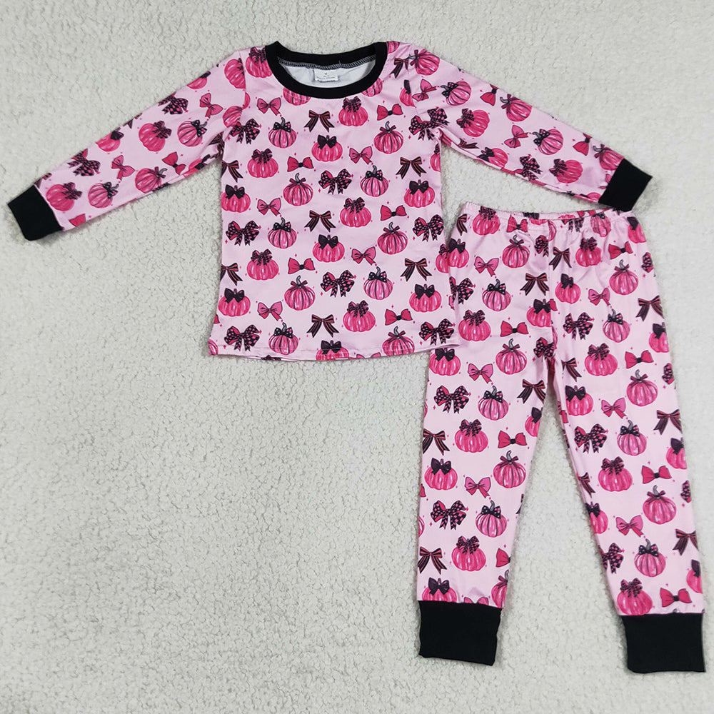 Baby Girls Pajamas Pink Bows Pumpkins Top Pant Fall Pajamas Sets GLP3375
