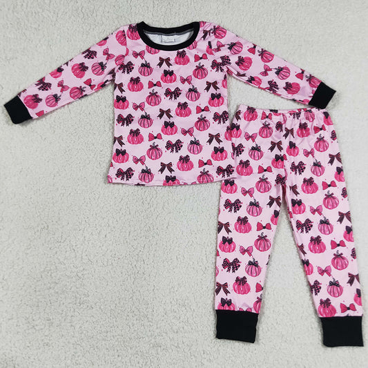 Baby Girls Pajamas Pink Bows Pumpkins Top Pant Fall Pajamas Sets GLP3375