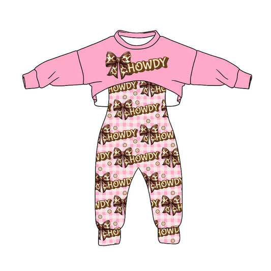 Preorder (moq 8)Baby Girls Pink Shirts Bows Howdy Checked Jumpsuits 2 Piece Clothes Sets 9.8