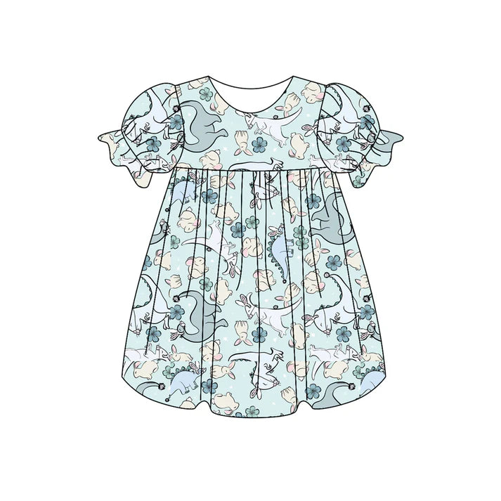 Preorder (moq 5)Baby Girls Rabbit Dinosaur Flowers Easter Knee Length Dresses 12.5