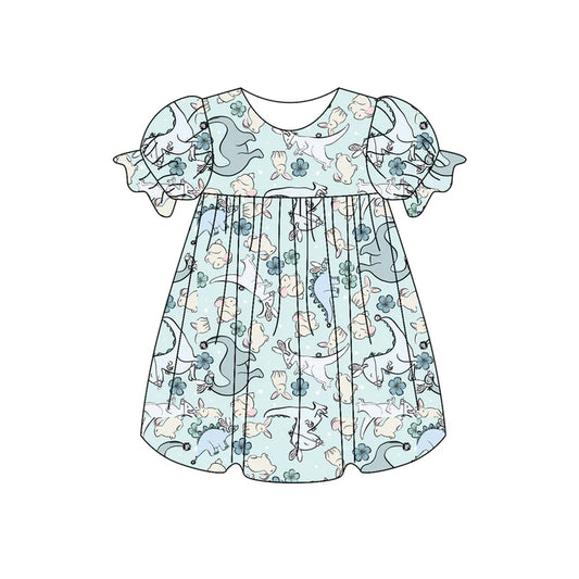 Preorder (moq 5)Baby Girls Rabbit Dinosaur Flowers Easter Knee Length Dresses 12.5