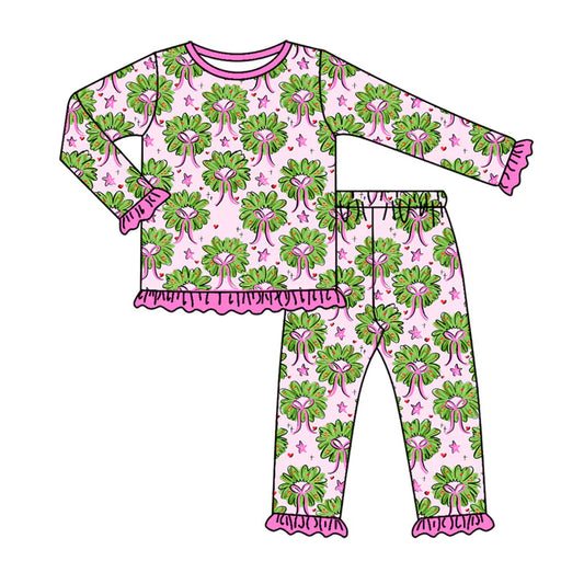 Preorder(moq 5) Baby Girls Long Ruffle Sleeves Holly Bows Plaid Top Pants Pajamas Set 7.24