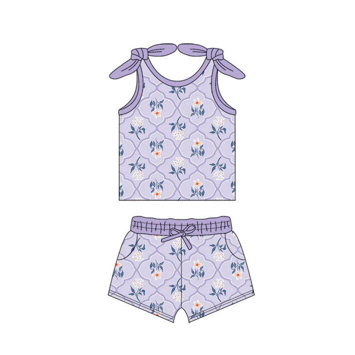 Preorder moq 5 Baby Girls Bows Sleeveless Lavender Flowers Top Pockets Short Set 4.15