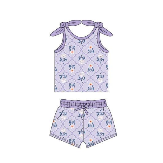 Preorder moq 5 Baby Girls Bows Sleeveless Lavender Flowers Top Pockets Short Set 4.15