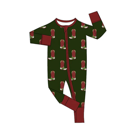 Preorder (moq 8)Baby Boys Dark Green Boots Christmas Zipper Footie Rompers 9.15