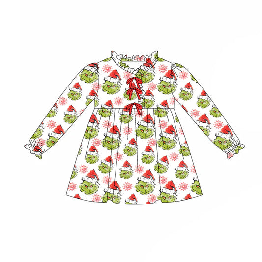 Preorder(moq 5) Baby Girls Green Face Snowflake Button Christmas Knee Length Dresses 8.15