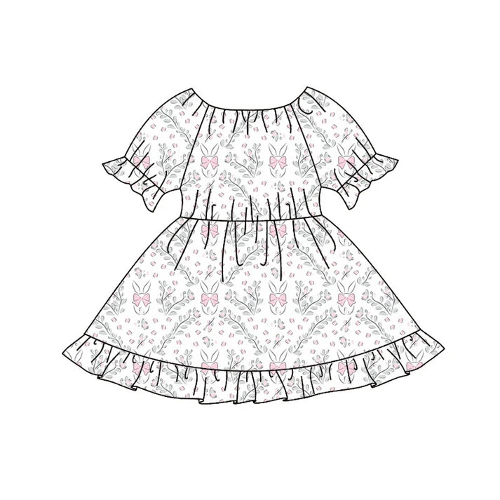 Preorder(moq 8)Baby Girls Pink Bows Rabbits Leopard Easter Ruffle Knee Length Dresses 9.25