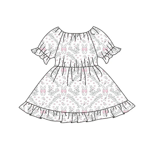 Preorder(moq 8)Baby Girls Pink Bows Rabbits Leopard Easter Ruffle Knee Length Dresses 9.25