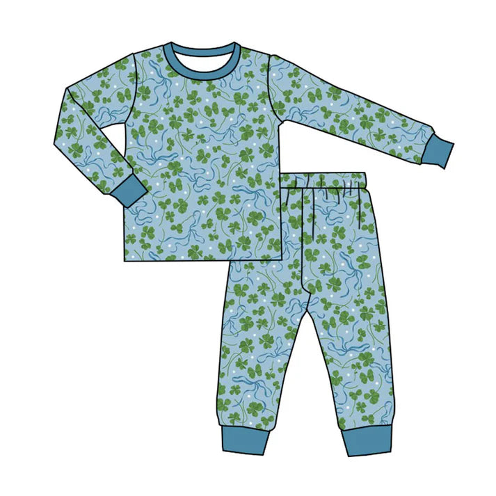Preorder(moq 8)Baby Girls Clovers Plaid Top Pants St Patrick Pajamas Set 9.30