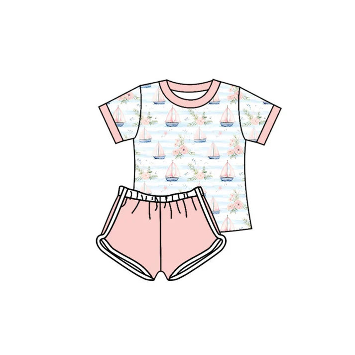 Preorder(moq 5) Baby Girls Flowers Boats Stripe Top Shorts Clothes Sets 11.14